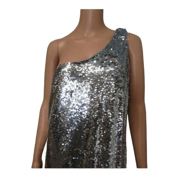 MAEVE Anthropologie One Shoulder Sequin Ruffle Maxi Dress Silver Medium NWT - Picture 8 of 11